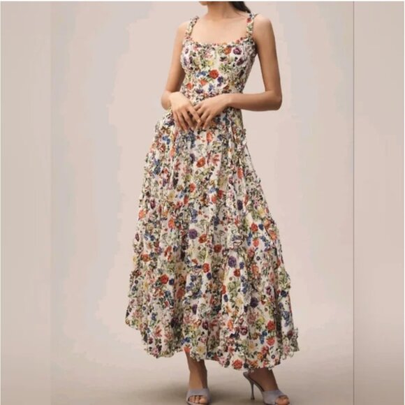 Mac Duggal Midi Floral Ruffled Tiered Cotton Long Dress - Picture 1 of 6